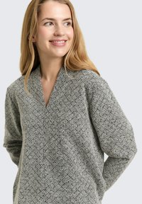 Gray knit sweater with a textured pattern, V-neck design, long sleeves, and a relaxed fit. Fabric appears soft and warm.