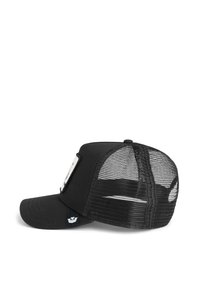 Black baseball cap with a solid front panel and mesh back. Features a curved brim and a branded patch on the front side.