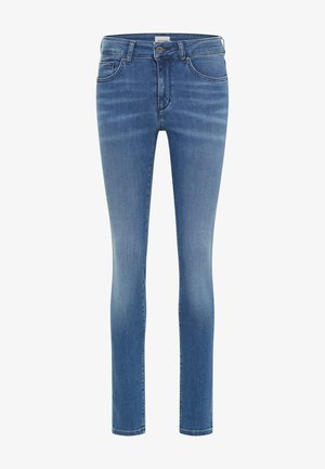 Slim fit dżinsy w średnim niebieskim denimmie, z klasycznym pięciopunkowym krojem, delikatnym efektem przetarcia oraz zapinane na zamek błyskawiczny z metalowym guzikiem.