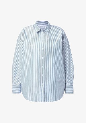 Pitkähihainen napillinen paita, jossa on pystysuorat ohuet tummansiniset ja valkoiset raidat, kaulus ja napitettu hihansuu.