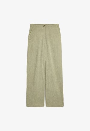 Jasnozielone spodnie o szerokich nogawkach, wykonane z teksturowanej tkaniny. Posiadają zapięcie na guzik oraz dwie kieszenie boczne. Prosty krój z luźnym fasonem.