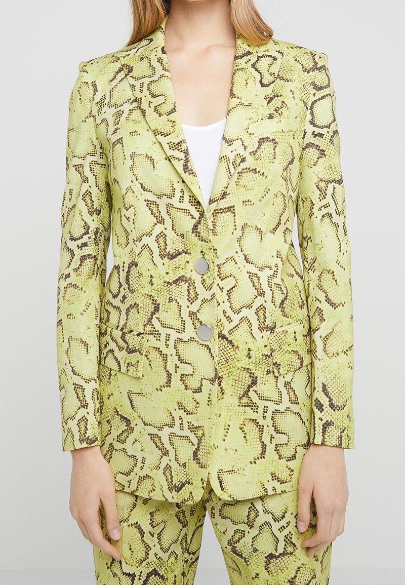 Femme portant un blazer jaune-vert à imprimé serpent avec deux boutons sur un top blanc, associé à un pantalon à imprimé serpent assorti.