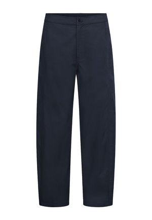 Marineblaue, gerade geschnittene Hose mit Knopf- und Reißverschluss, seitlichen Taschen und einem einfachen Bund.