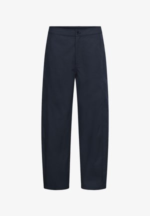 Pantalone mornarsko plave boje s ravnim nogavicama, gumbom i patentnim zatvaračem, bočnim džepovima i jednostavnim pojasom.