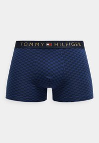 Pehmedest kangast sinised ruudulised bokserid; must vöökoht kuldse "TOMMY HILFIGER" logoga.
