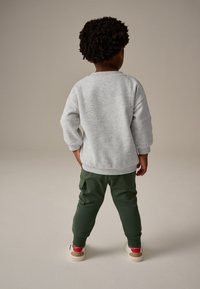 Grauer Sweatshirt mit Rundhalsausschnitt und lockerer Passform, kombiniert mit grünen Hosen mit seitlichen Taschen und elastischen Bündchen. Freizeitschuhe runden den Look ab.