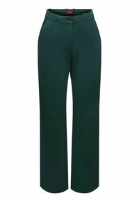 Tmavě zelené, střihové kalhoty s rovnými nohavicemi, knoflíkovým zapínáním, kapsami a hladkým, jemným povrchem.