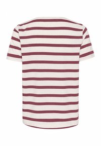 Korte mouwen t-shirt in lichtbeige met brede kastanjebruine strepen. Ronde hals, zachte katoen materiaal en een rechte zoom.