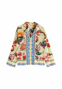 Cămașă cu mâneci scurte dintr-un material galben deschis, având modele îndrăznețe, colorate cu tematică de fructe de mare și nautică, cu guler crestat și închidere cu nasturi în față.