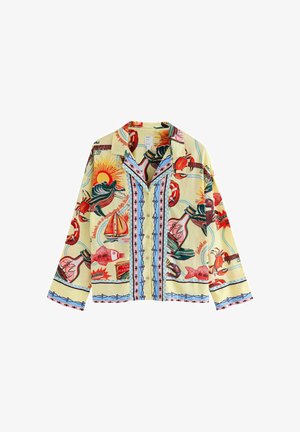 Lühikeste varrukatega särk heledast kollasest kangast, millel on julged, värvikirevad mereandide ja merendusega seotud mustrid, nurga all kraega ja nööpidega ees.