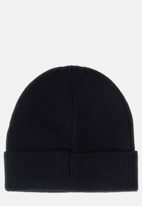 Cappello berretto nero lavorato a maglia con trama a coste, risvolto piegato e design semplice. Realizzato con materiale morbido ed elastico per garantire calore.