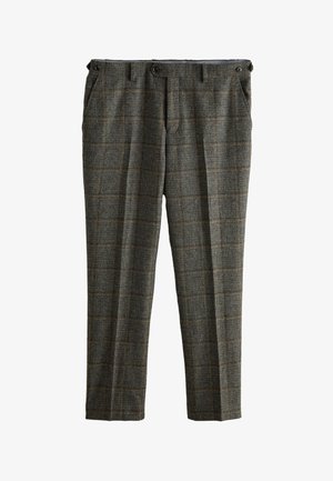 Gray wool trousers with brown windowpane check pattern, side pockets, and buttoned tabs at waist, tailored fit with creases down the legs.