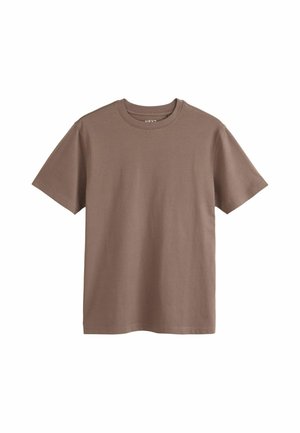 Enkel brun T-shirt med korte ærmer og rund hals i afslappet pasform, vist mod en hvid baggrund.