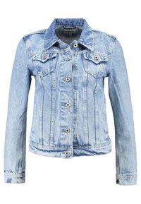 Lichtblauwe denim jasje met een klassiek ontwerp. Beschikt over twee voorzakken, knoopsluiting en een kraag. Versleten textuur overal.