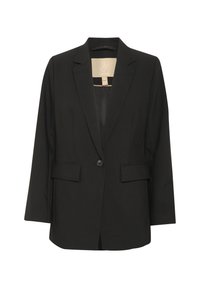 Černý blazer se strukturovaným designem, zapínáním na jeden knoflík, dvěma předními kapsami a hladkým povrchem. Obsahuje klopy ve výstřihu a částečně podšívkovaný interiér.