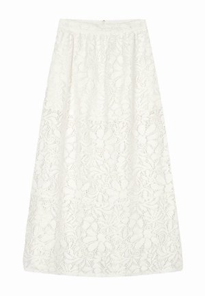 Bílá krajková maxi sukně s květinovým vzorem a elastickým pasem. Texturovaná látka vytváří lehký a vzdušný vzhled.