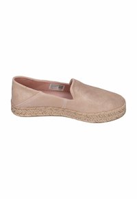 Blassrosa Slipper-Espadrille mit weichem Textil-Obermaterial und geflochtener Jute-Sohle, ausgestattet mit einer glatten Textur und einem runden Zehendesign.