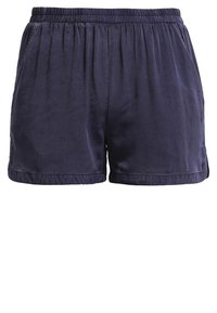Shorts bleu marine en tissu lisse, dotés d'une taille élastique, d'un devant plissé et de poches latérales. Longueur courte avec une coupe décontractée.