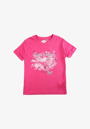 T-shirt à manches courtes rose vif avec un motif floral et papillons argentés et le texte « Lee Cooper » sur le devant.
