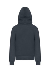 Dunkelgrauer Kapuzenpullover mit einer glatten Textur, gerippten Bündchen und Saum sowie einem schlichten, unverzierten Design. Rückansicht dargestellt.