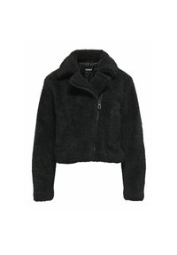Giacca cropped nera realizzata in materiale morbido e peloso. Presenta un ampio colletto, chiusura frontale con zip e tasche laterali. Dettaglio di superficie testurizzata.