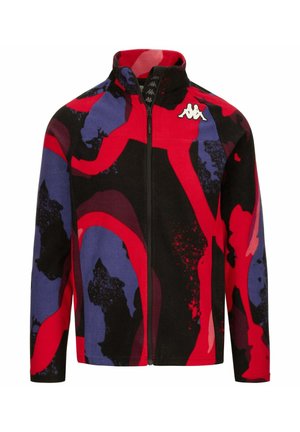 Giacca in pile con un audace motivo astratto in rosso, nero e viola, dotata di un colletto alto e chiusura con zip. Logo Kappa sul petto.
