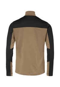 Langsleeve top met een bruine body en zwarte schouder- en mouwaccenten. Gladde stof met een opstaande kraag en een getailleerd ontwerp.