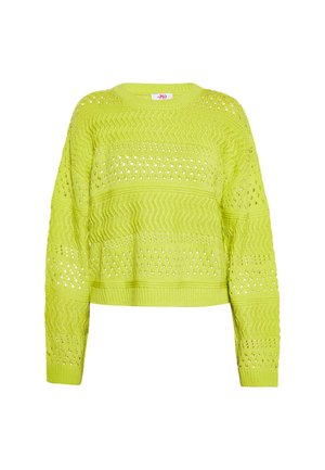 Limonengrüner Strickpullover mit gemusterter Textur, offenen Details und weiten Ärmeln. Cropped-Design mit geripptem Saum.