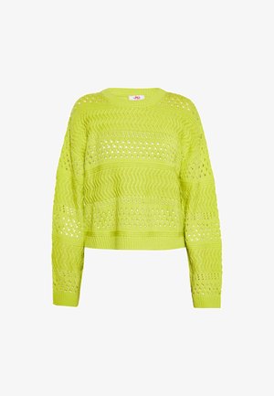 Lime roheline kudum, millel on mustriga tekstuur, avatud kudumise detailid ja laiad varrukad. Lühendatud disain ribakrae äärisega.