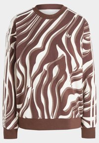 Sweatshirt castanho e creme com padrões abstratos ondulados, gola redonda canelada e punhos. Material suave, ajuste descontraído com uma silhueta reta.