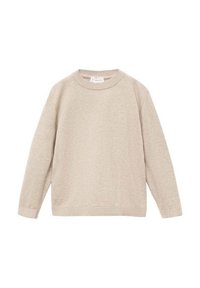 Světle béžový svetr s dlouhými rukávy, kulatým výstřihem, strukturovanou pleteninou a žebrovanými manžetami a spodním lemem. Minimalistický design, bez dalších akcentů.