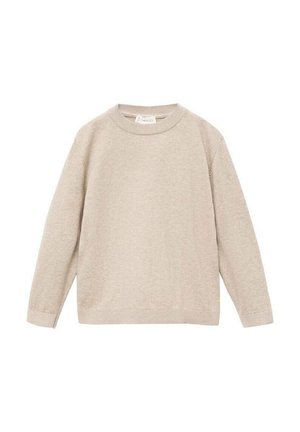 Pull en beige clair à manches longues, col rond, en tissu tricoté texturé, avec des poignets et un ourlet côtelés. Design minimaliste, sans accents supplémentaires.