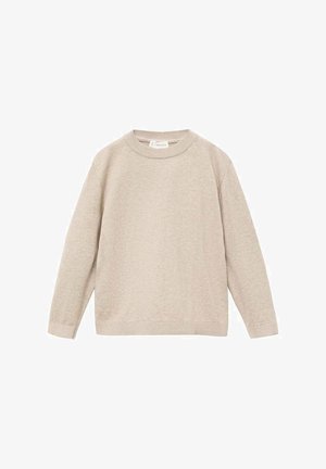 Maglione beige chiaro con maniche lunghe, scollo rotondo, tessuto a maglia testurizzato e polsini e orlo a coste. Design minimalista, senza ulteriori accenti.
