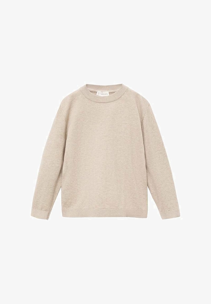 Pull en beige clair à manches longues, col rond, en tissu tricoté texturé, avec des poignets et un ourlet côtelés. Design minimaliste, sans accents supplémentaires.