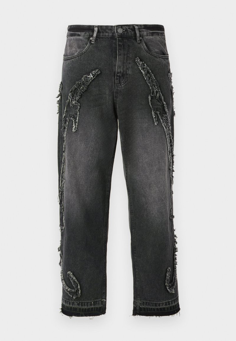 Jeans in denim nero con bordi sfilacciati e dettagli testurizzati. Presentano finiture sdrucite, una vita a media altezza e una vestibilità dritta.