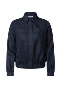 Marineblauwe linnen blouse met lange mouwen, knoopsluiting aan de voorkant, twee borstzakken en een elastische tailleband. Gladde textuur met een getailleerde pasvorm.