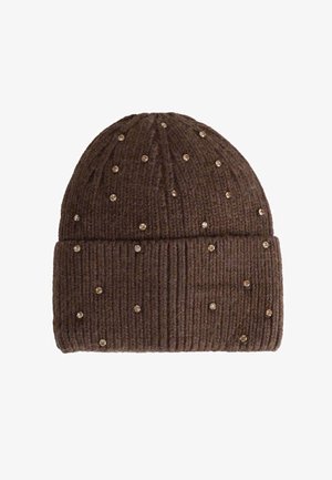 Berretto a maglia marrone con texture a coste, decorato con dettagli dorati sparsi. Materiale morbido e design aderente.