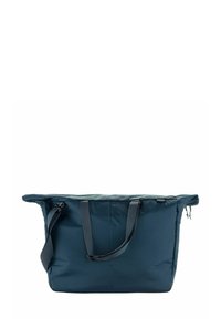 Navyblauwe totebag met een zachte, gestructureerde oppervlakte, voorzien van dubbele handvatten en een verstelbare schouderband, met een ritssluiting aan de bovenkant.