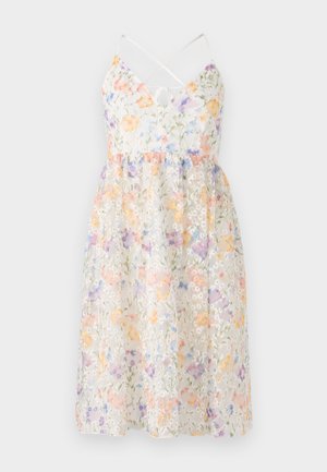 Blumenmuster Kleid aus leichtem Stoff mit Pastellfarben und einem transparenten Overlay, verstellbaren Spaghetti-Trägern und einem ausgestellten Rock.