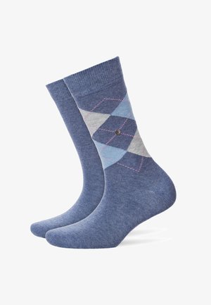 Calze di cotone blu con un motivo a diamante in azzurro chiaro, grigio e rosa, con un piccolo logo sul lato. Tessuto morbido.