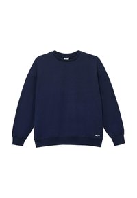 Felpa a girocollo blu navy con maniche lunghe, polsini e orlo a coste, realizzata in morbido cotone. Piccolo logo in basso a sinistra.