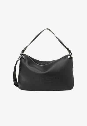 Zwarte leren schoudertas met zilveren rits, verstelbare afneembare riem en geperst "Marc O'Polo" logo aan de voorkant.