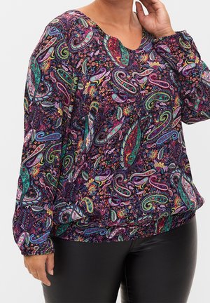 Top a maniche lunghe viola con un motivo paisley dai colori vivaci. Realizzato in tessuto morbido, con una vestibilità rilassata e scollatura arrotondata.