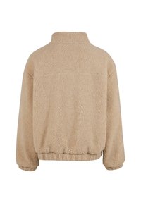Giacca in felpa beige con colletto alto, forma oversized, maniche con polsini ed orlo elastico. Tessuto morbido e texturizzato con un design semplice.