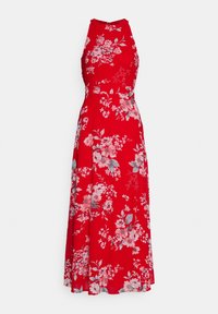 Robe maxi rouge sans manches avec imprimé floral rose et gris, col montant, cintrée à la taille et évasée jusqu'à l'ourlet.