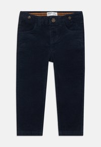 Navy corduroy trousers with a slim fit, featuring two front pockets, button closure, and an adjustable waistband for comfort.
