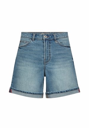 Blauwe denim shorts met omgeslagen boorden, knoopsluiting aan de voorkant, rits en vijfzakkenontwerp.