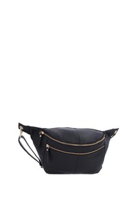 Schwarze Lederhandtasche mit zwei goldenen Reißverschlusstaschen, einer weichen Textur und einem verstellbaren Trageriemen, entworfen für den lässigen Gebrauch.
