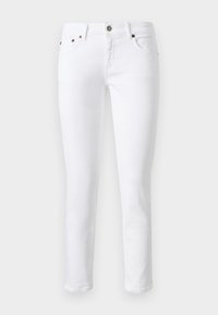 Vita denimjeans i slim fit med framknäppning, fem fickor och subtila svarta detaljer.