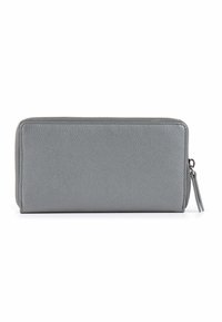 Gray leather wallet with textured finish, rectangular shape, zipper closure, and a small zip pull tab on one side.